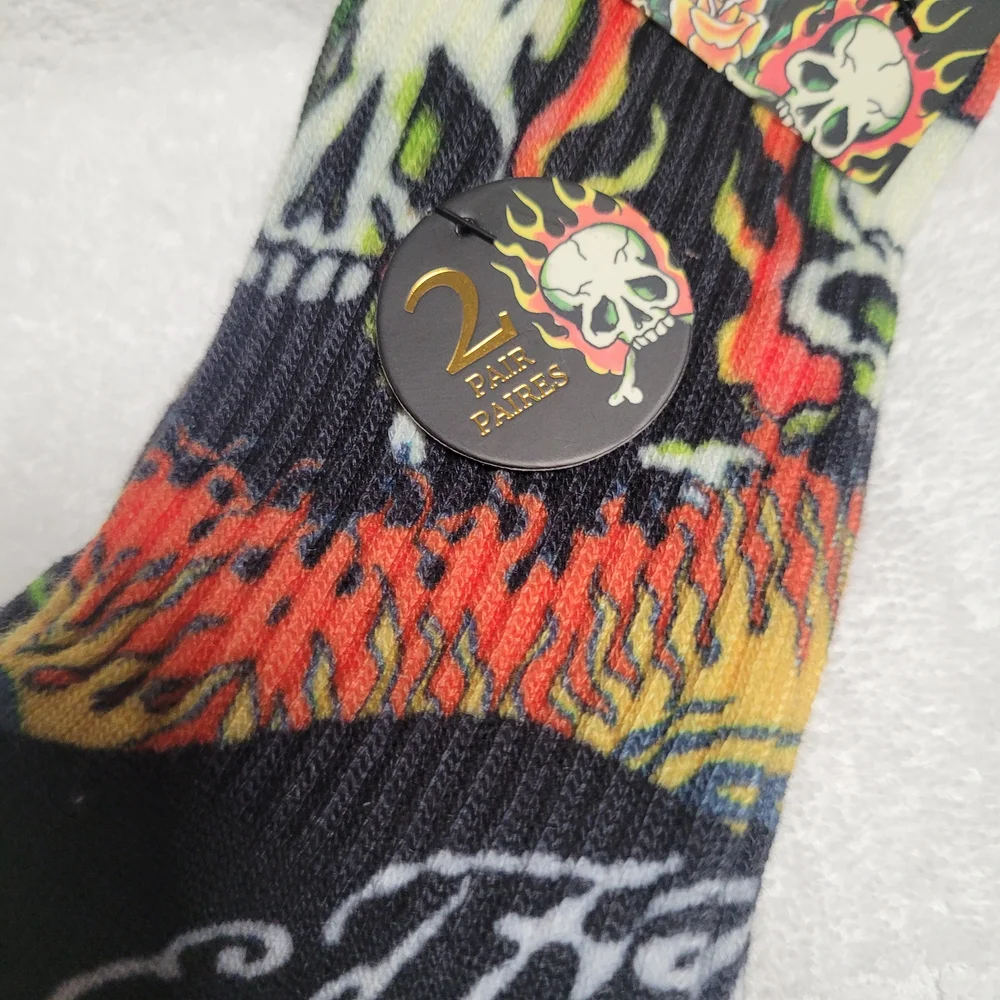 Ed Hardy Black Skull and Flame Socks Edgy Rose Heart 2 Pair